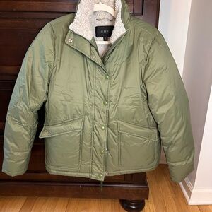 J. Crew Olive Puffer Coat with Sherpa Lining